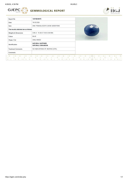 Natural Blue Sapphire (Neelam) 3.86 Carats