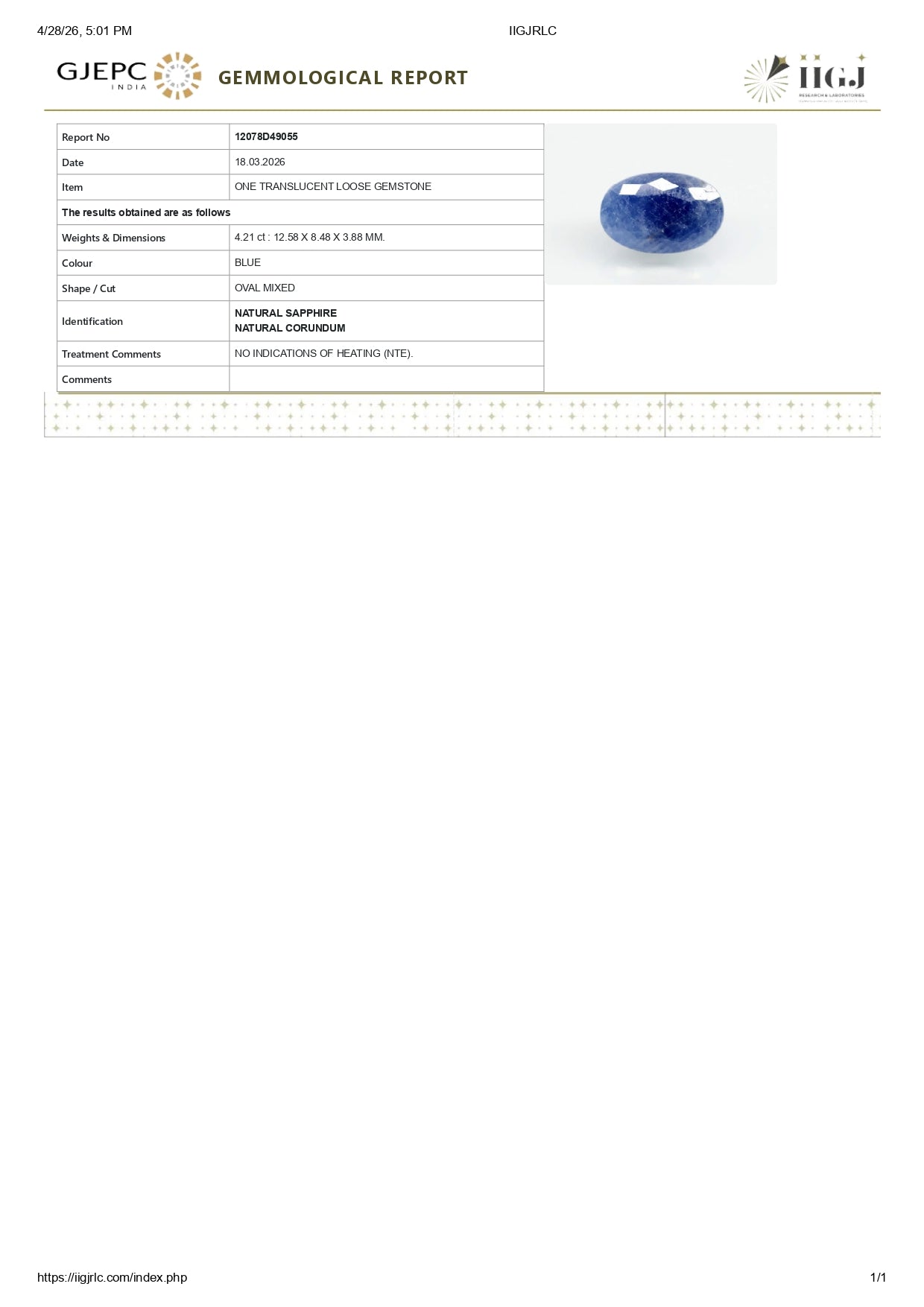 Natural Blue Sapphire (Neelam) 4.21 Carats