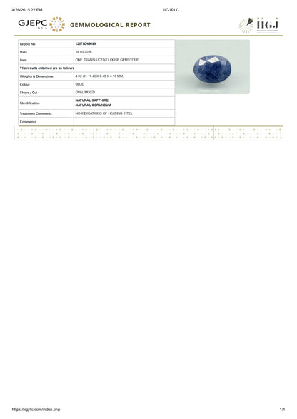 Natural Blue Sapphire (Neelam) 4.02 Carats
