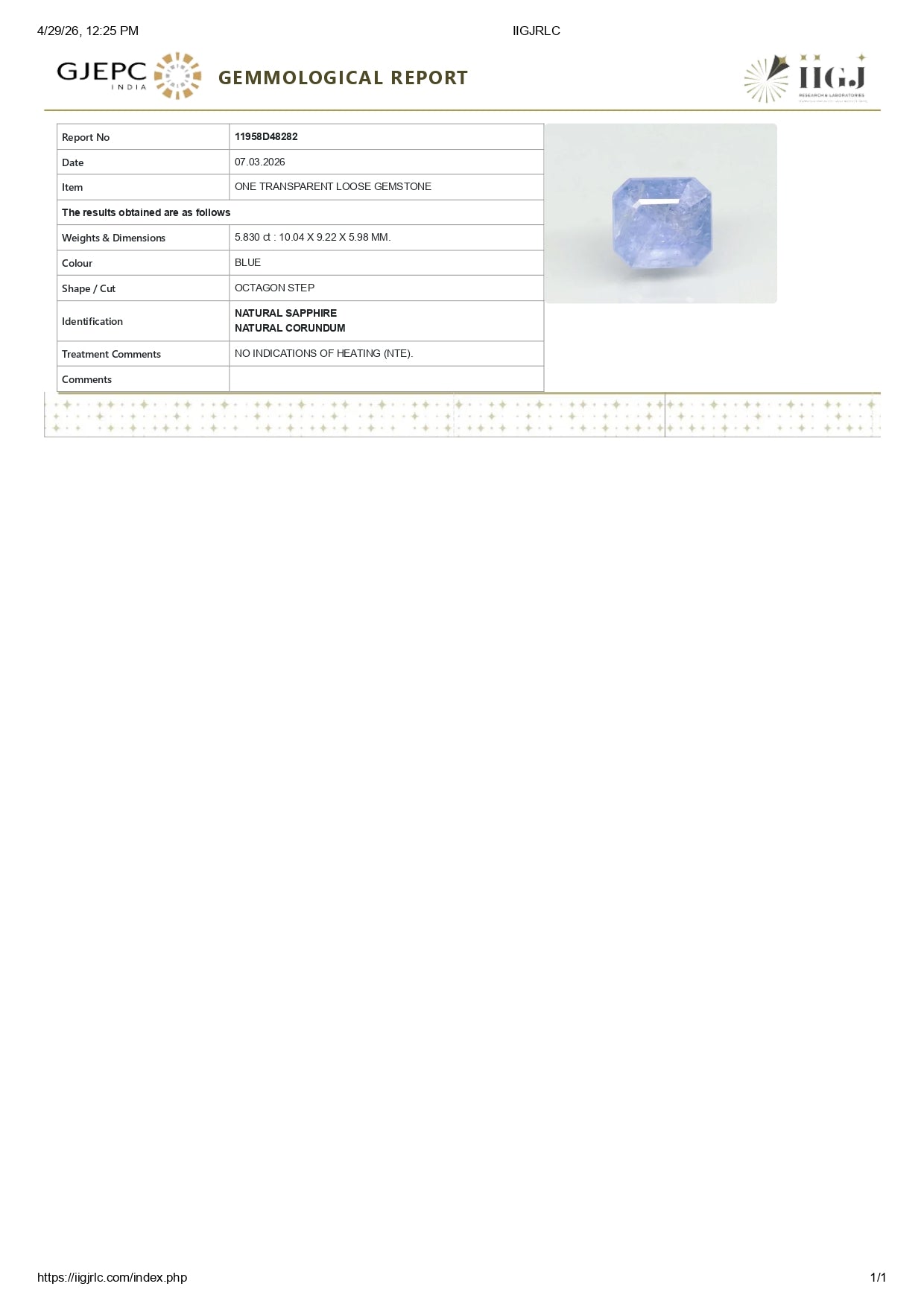 Natural Blue Sapphire (Neelam) 5.83 Carats