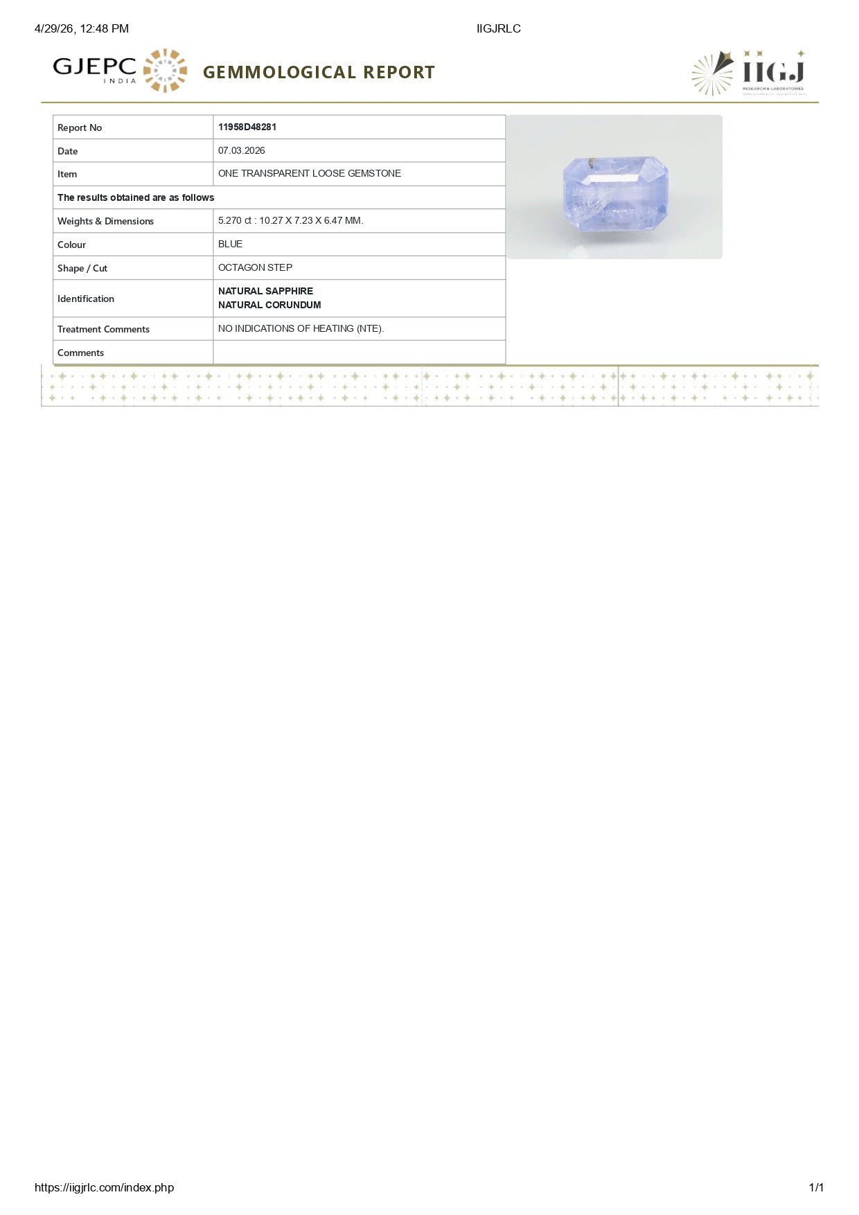 Natural Blue Sapphire (Neelam) 5.27 Carats