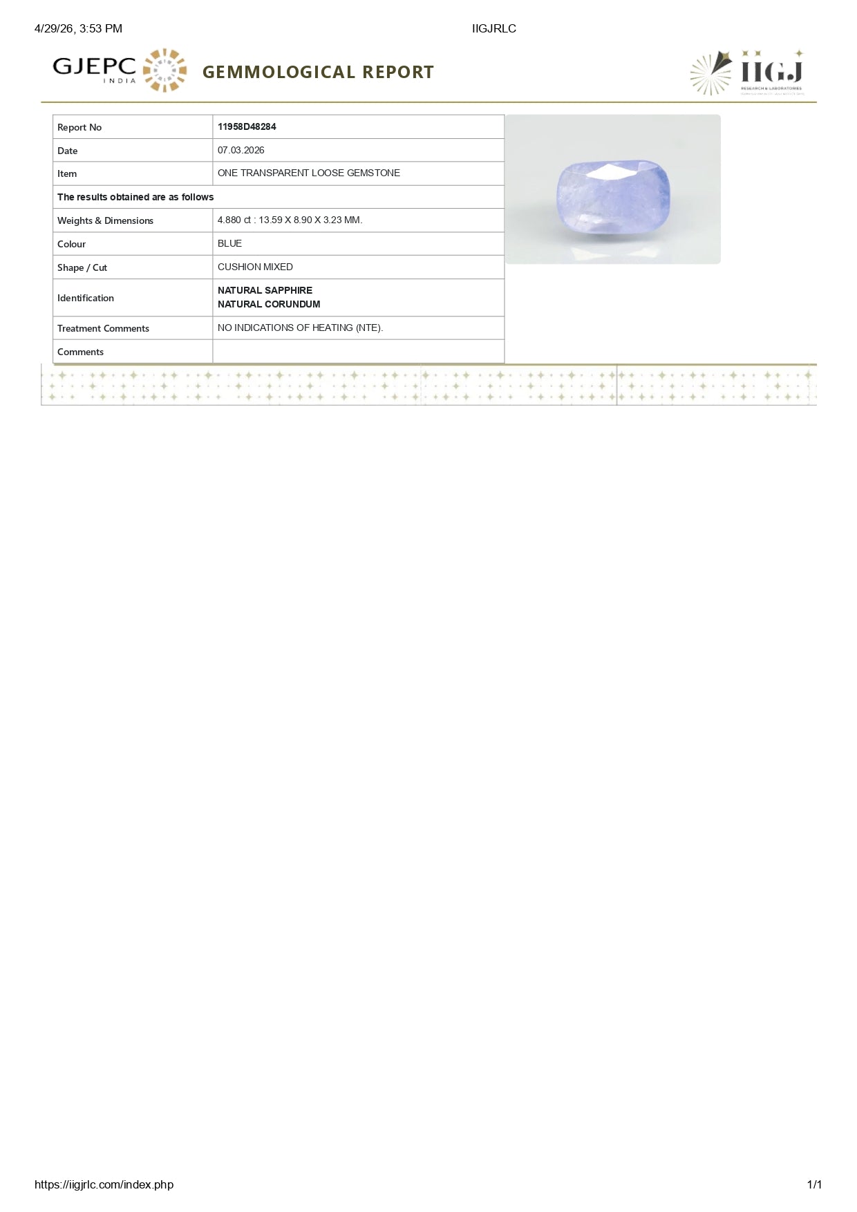 Natural Blue Sapphire (Neelam) 4.88 Carats
