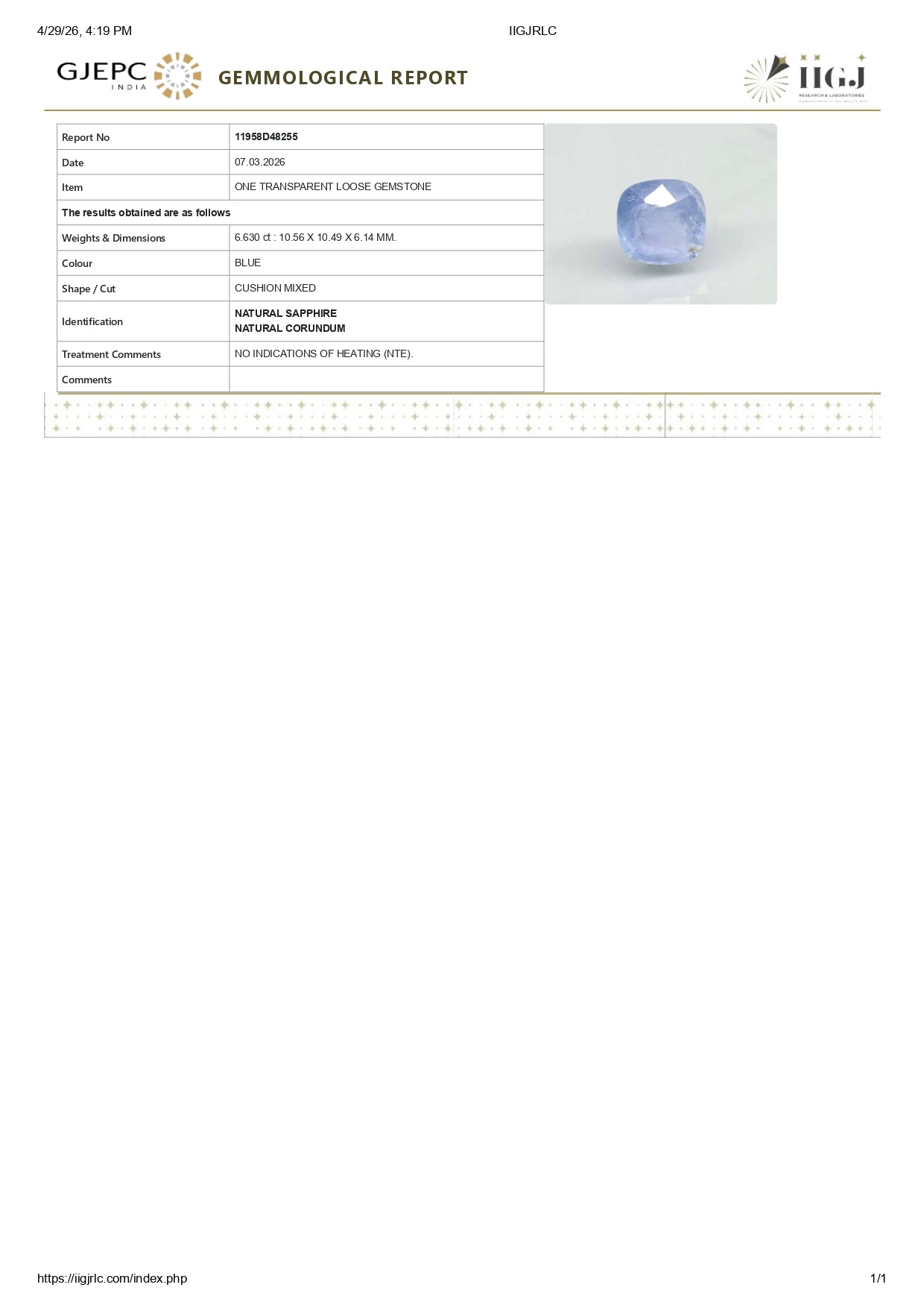 Natural Blue Sapphire (Neelam) 6.63 Carats