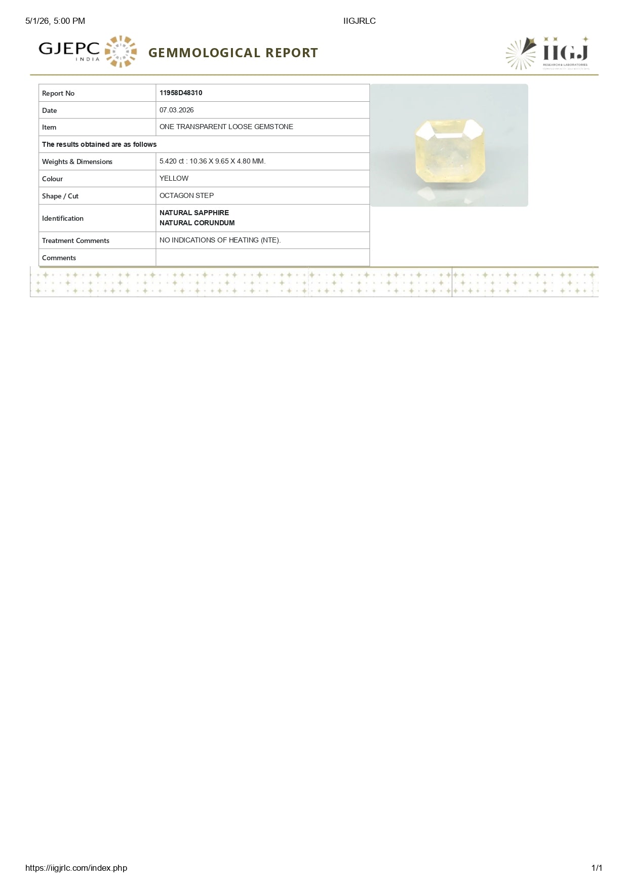 Natural Yellow Sapphire (Pukhraj) 5.42 Carats
