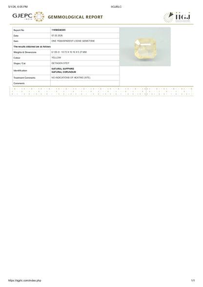 Natural Yellow Sapphire (Pukhraj) 6.12 Carats