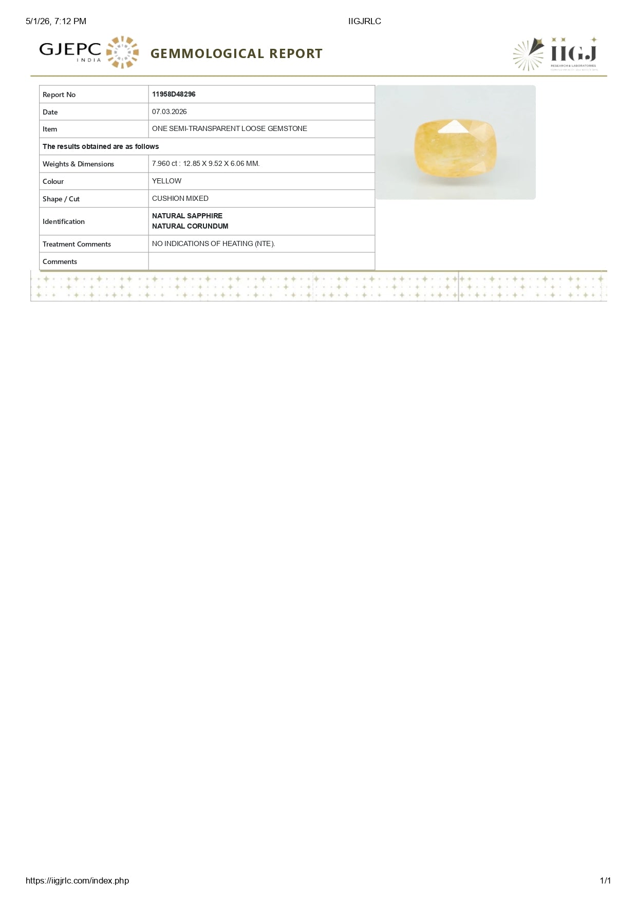 Natural Yellow Sapphire (Pukhraj) 7.96 Carats