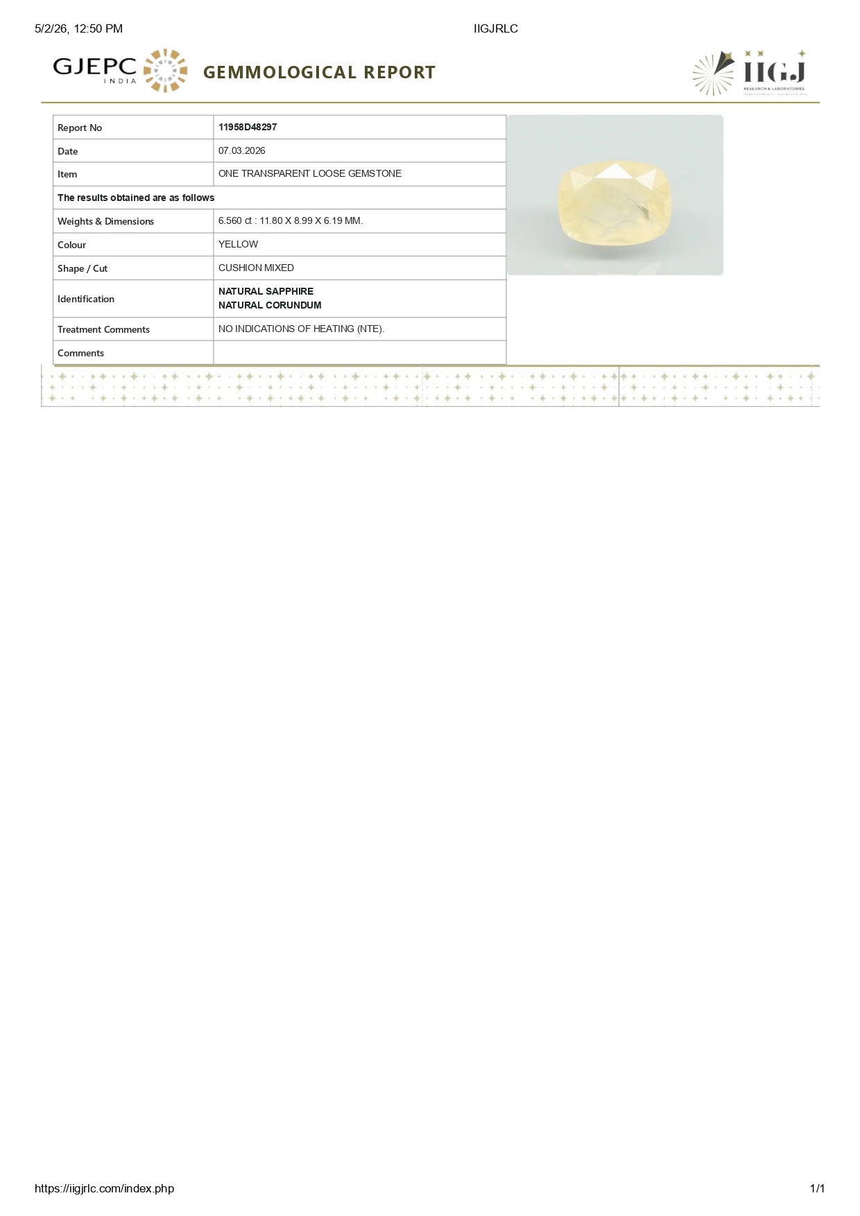 Natural Yellow Sapphire (Pukhraj) 6.56 Carats