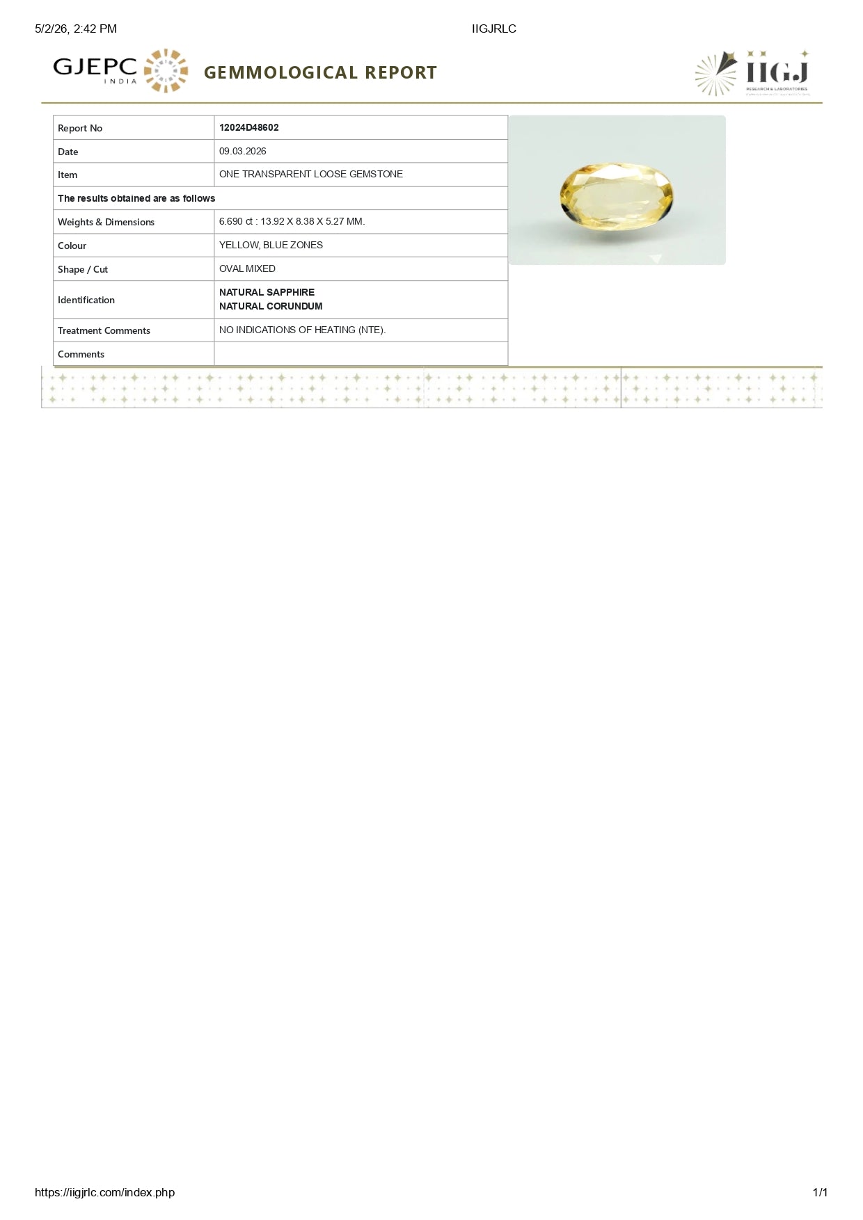 Natural Pitambari 6.69 Carats