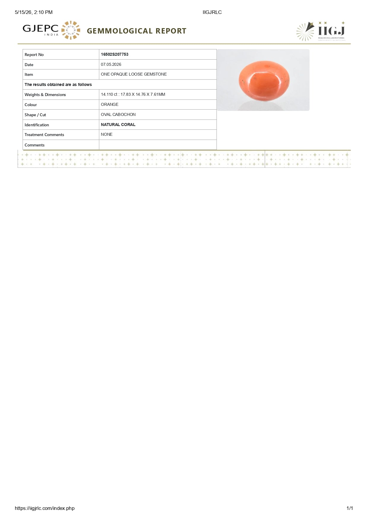 Japanese Red Coral (Moonga) 14.11 Carats