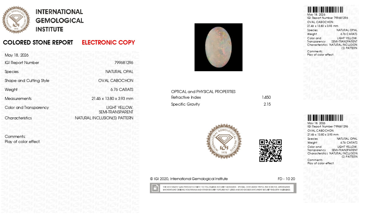 Natural Australian White Fire Opal 6.76 Carats