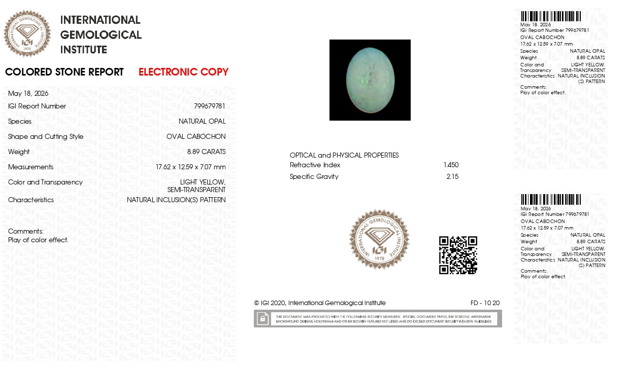Natural Australian White Fire Opal 8.89 Carats