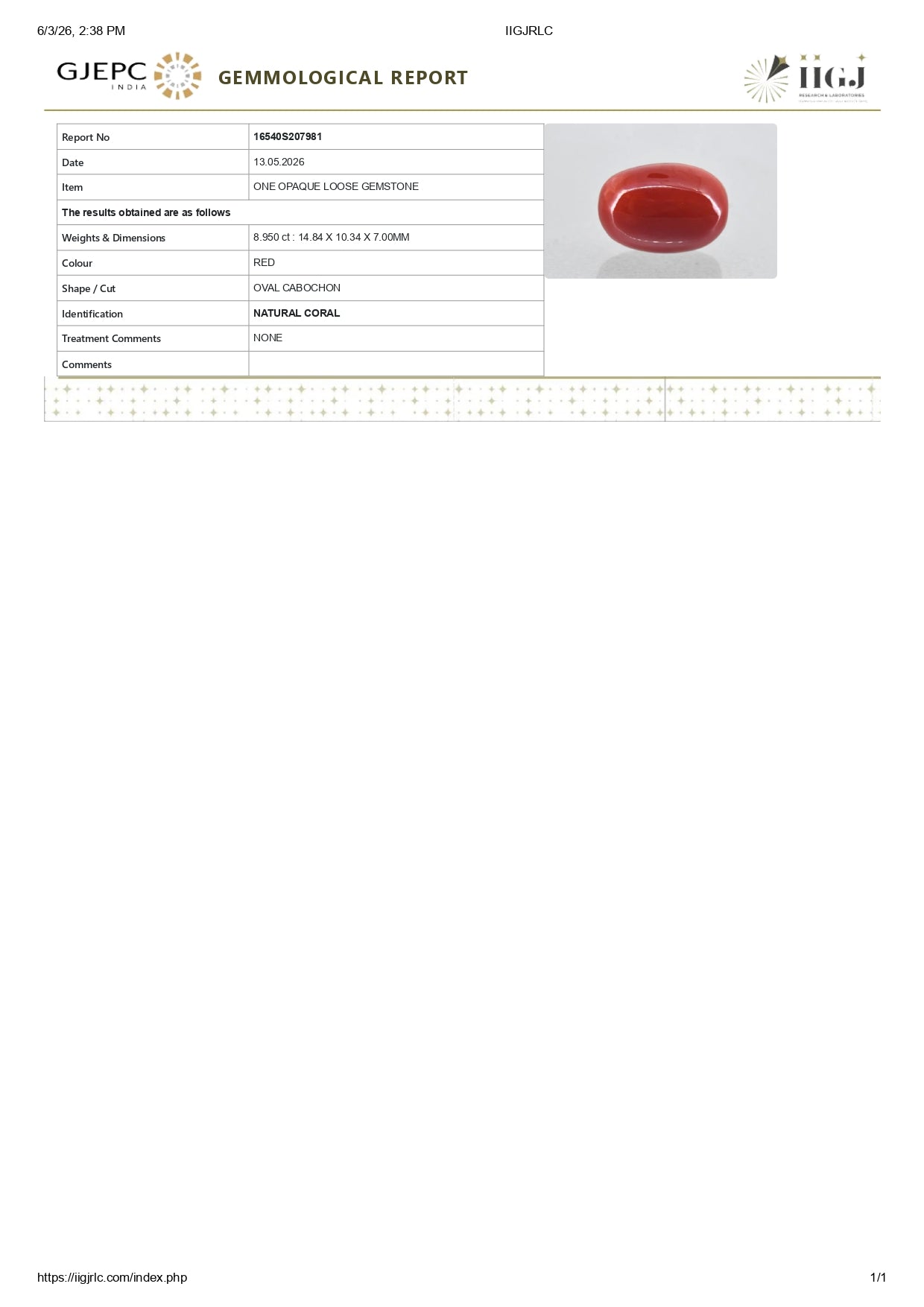 Natural Italian Red Coral (Moonga) 8.95 Carats