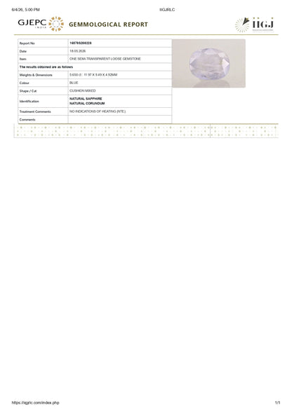 Natural Blue Sapphire (Neelam) 5.65 Carats