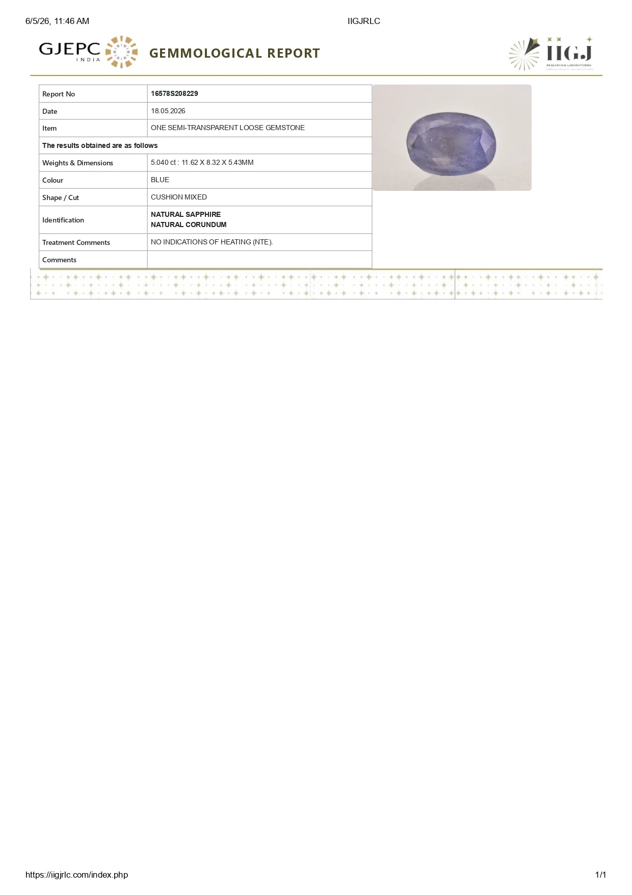 Natural Blue Sapphire (Neelam) 5.04 Carats