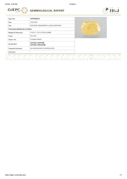 Natural Yellow Sapphire (Pukhraj) 6.73 Carats