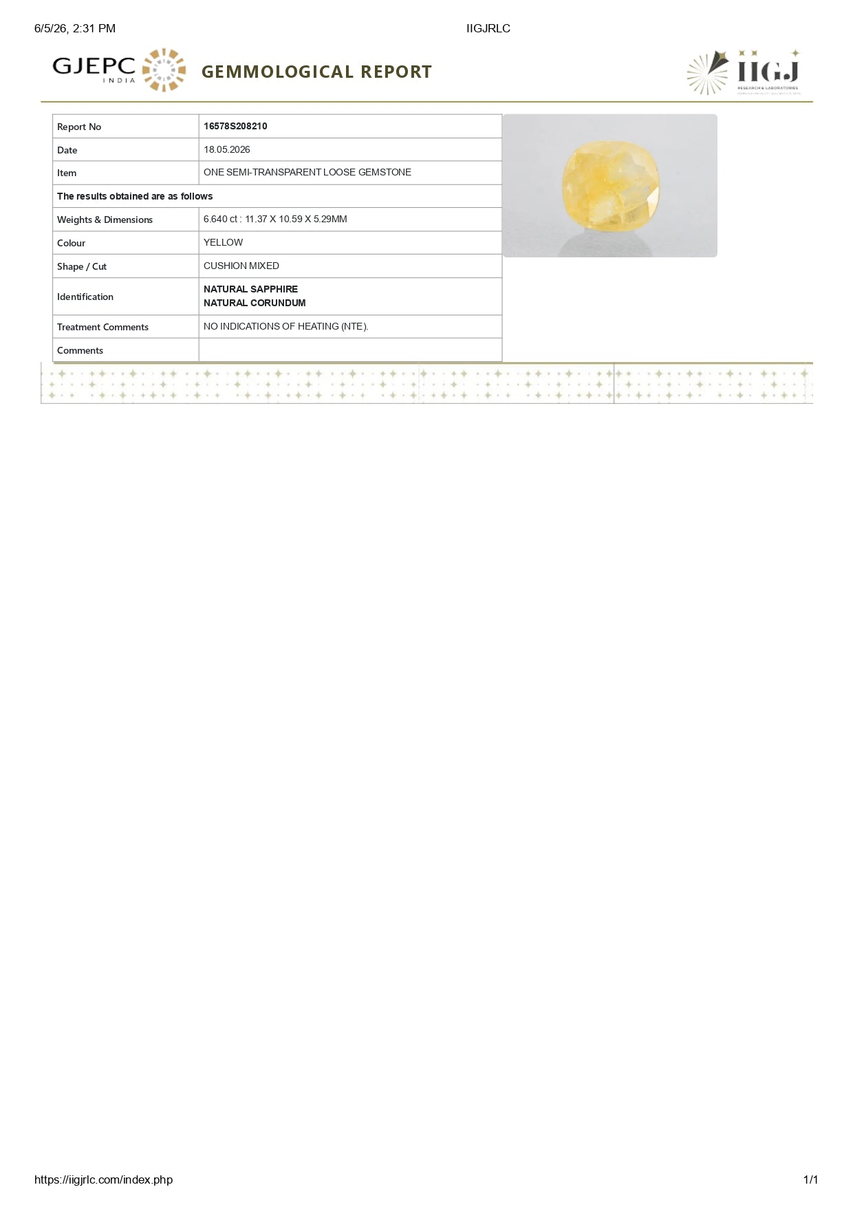 Natural Yellow Sapphire (Pukhraj) 6.64 Carats