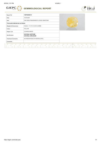 Natural Yellow Sapphire (Pukhraj) 6.64 Carats