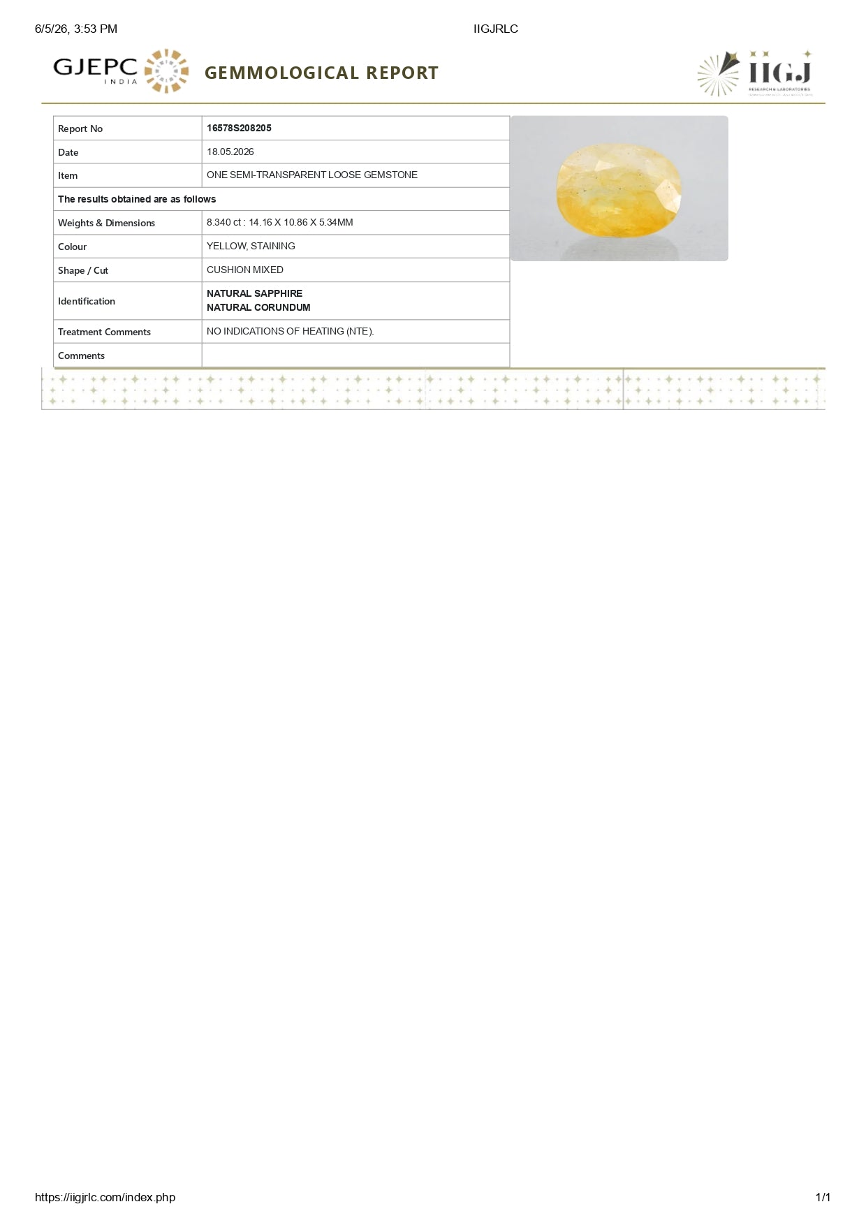 Natural Yellow Sapphire (Pukhraj) 8.34 Carats