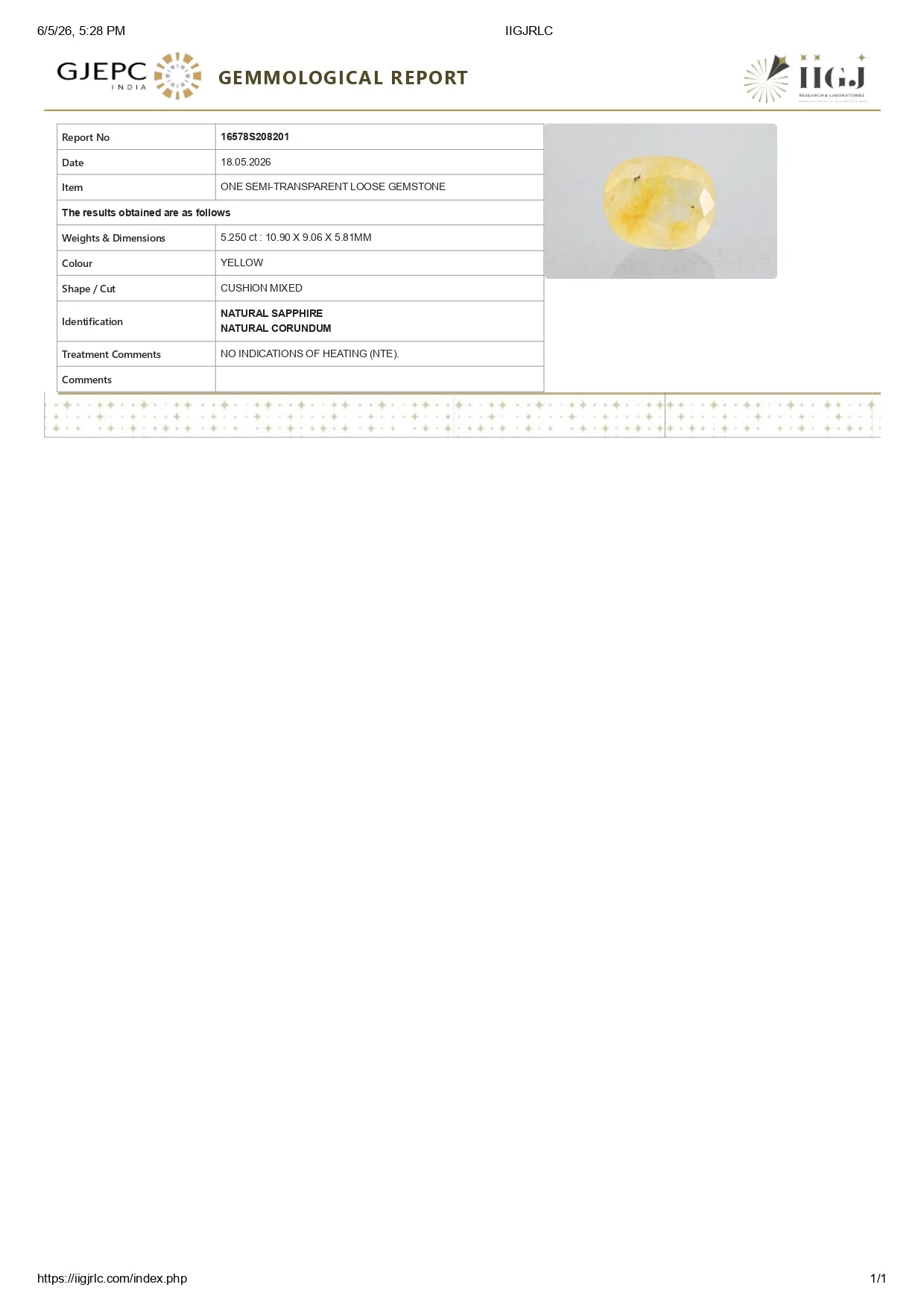 Natural Yellow Sapphire (Pukhraj) 5.25 Carats