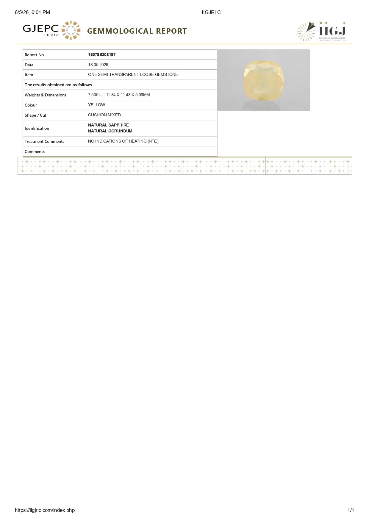 Natural Yellow Sapphire (Pukhraj) 7.53  Carats