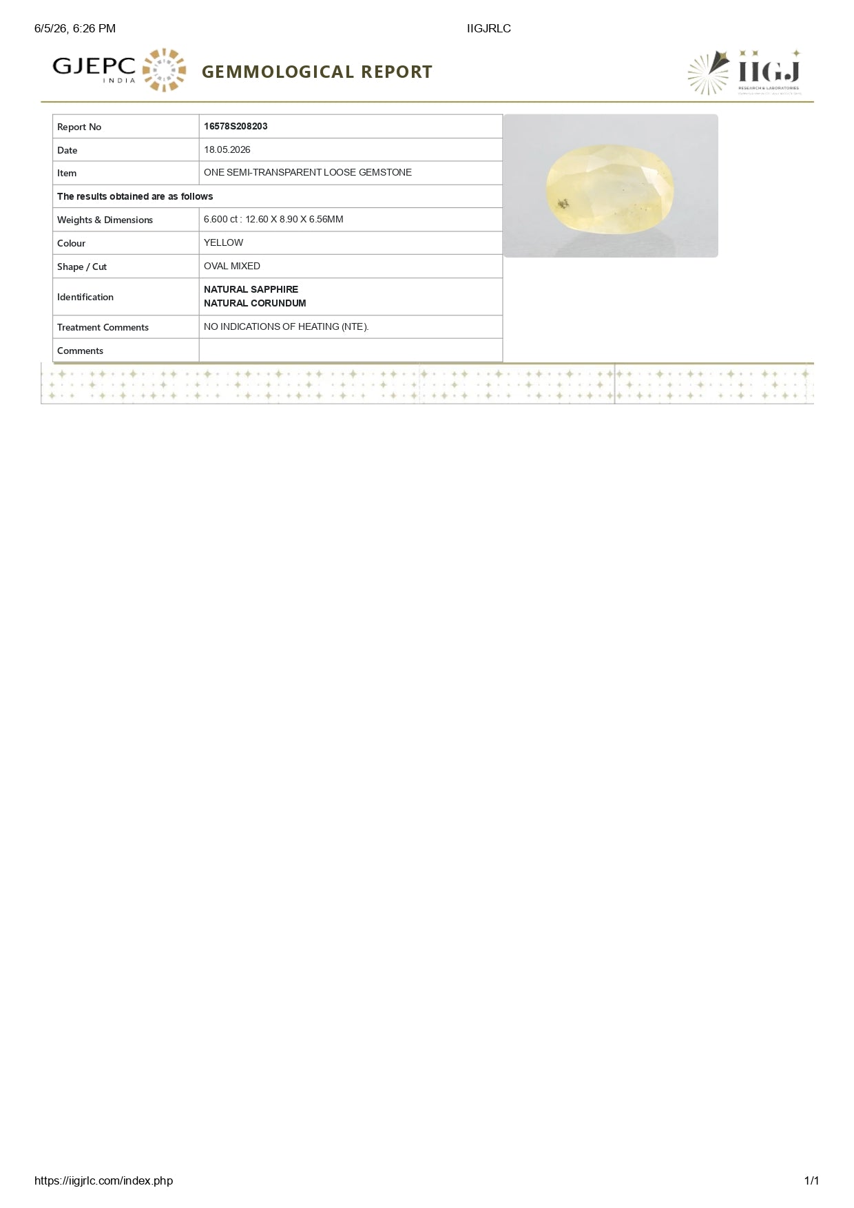 Natural Yellow Sapphire (Pukhraj) 6.60 Carats