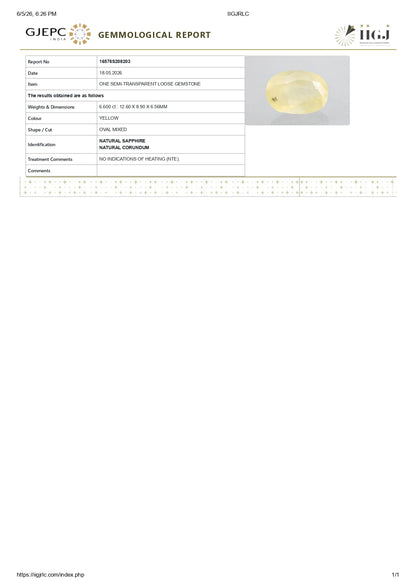 Natural Yellow Sapphire (Pukhraj) 6.60 Carats