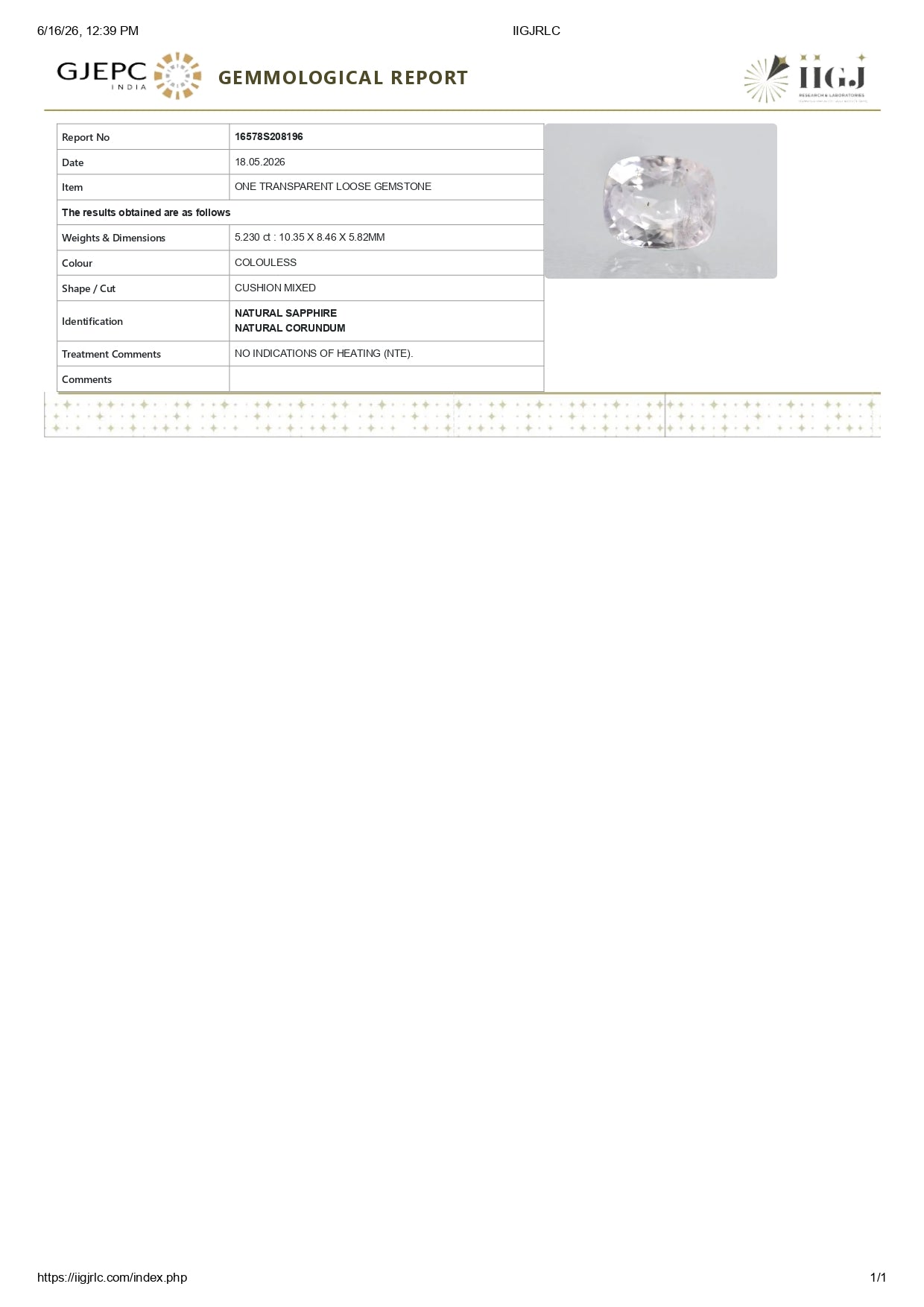 Natural White Sapphire 5.23 Carats