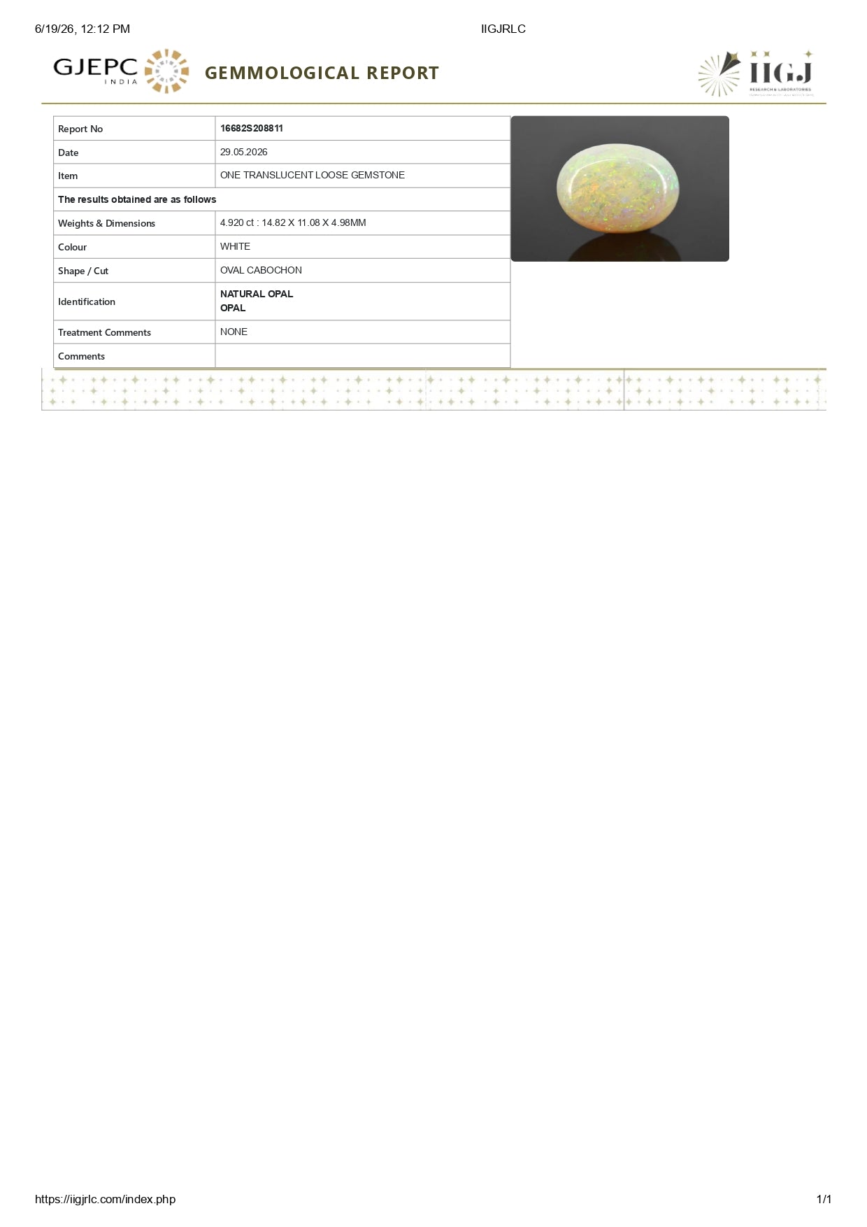 Natural Australian White Fire Opal 4.92 Carats