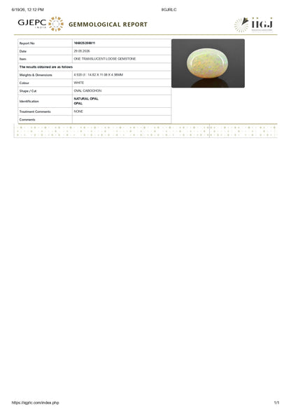 Natural Australian White Fire Opal 4.92 Carats