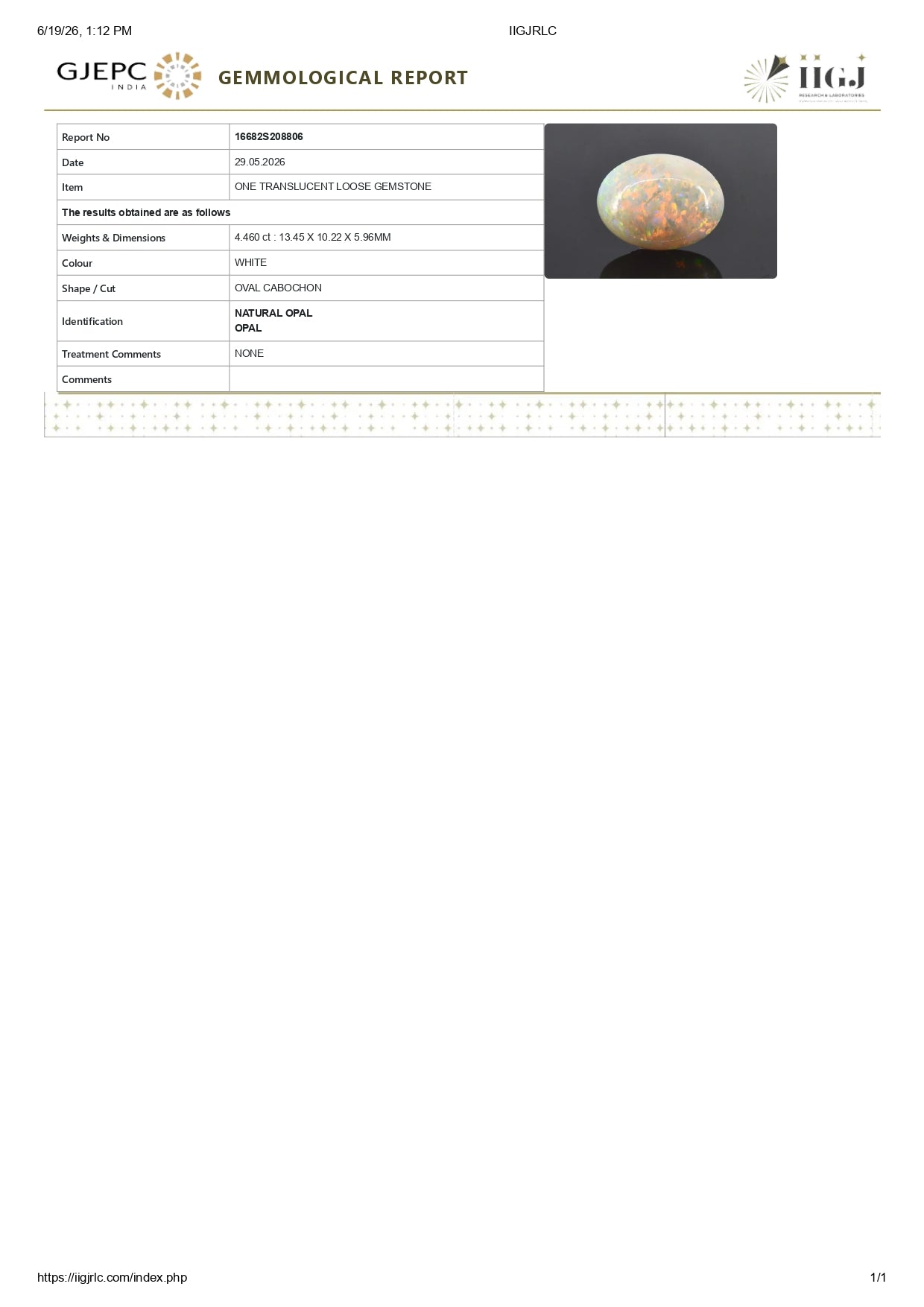 Natural Australian White Fire Opal 4.46 Carats