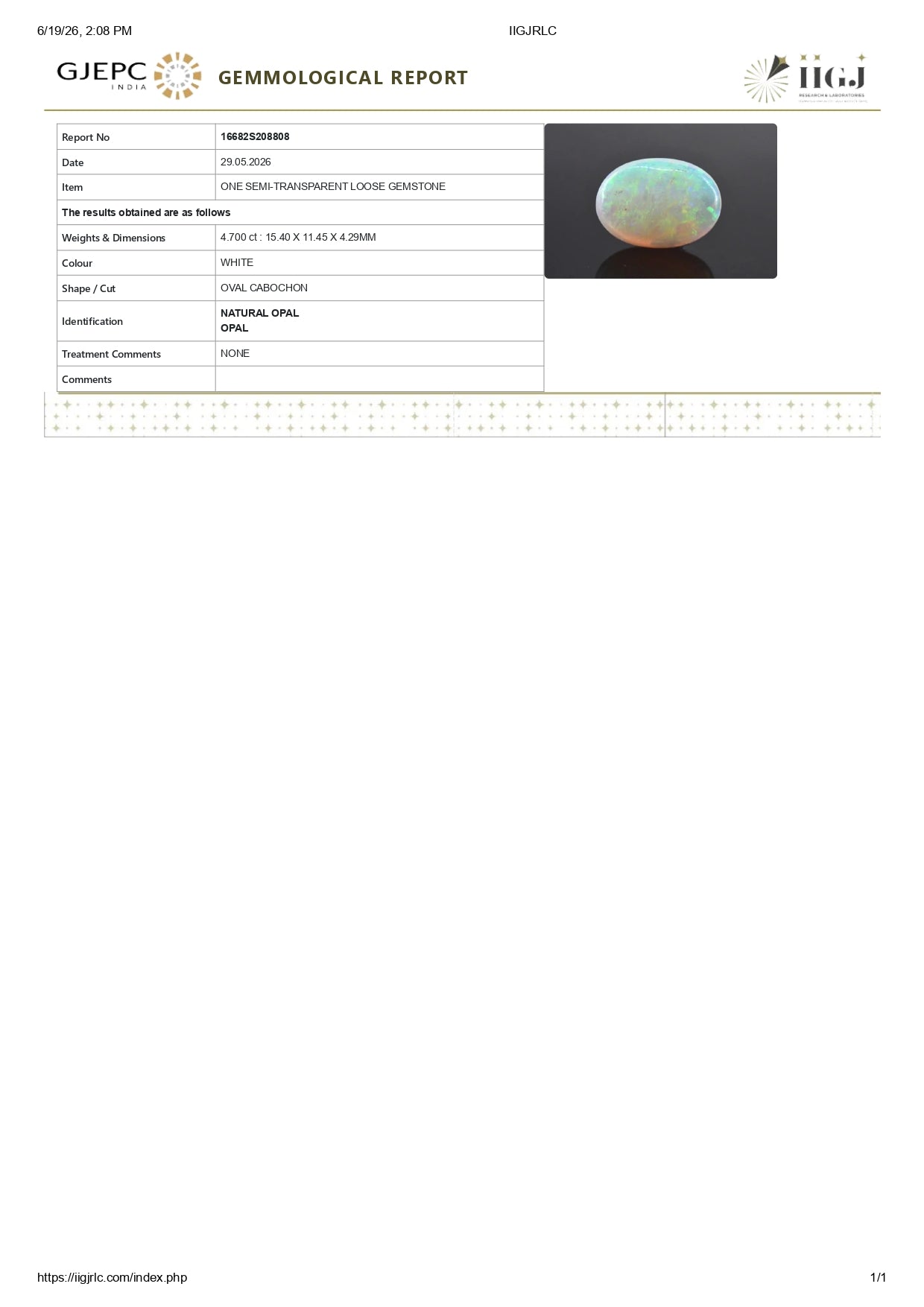 Natural Australian White Fire Opal 4.70 Carats