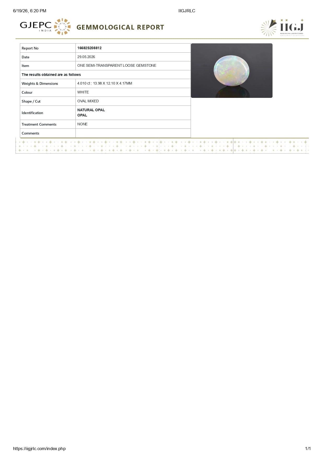 Natural Australian White Fire Opal 4.01 Carats
