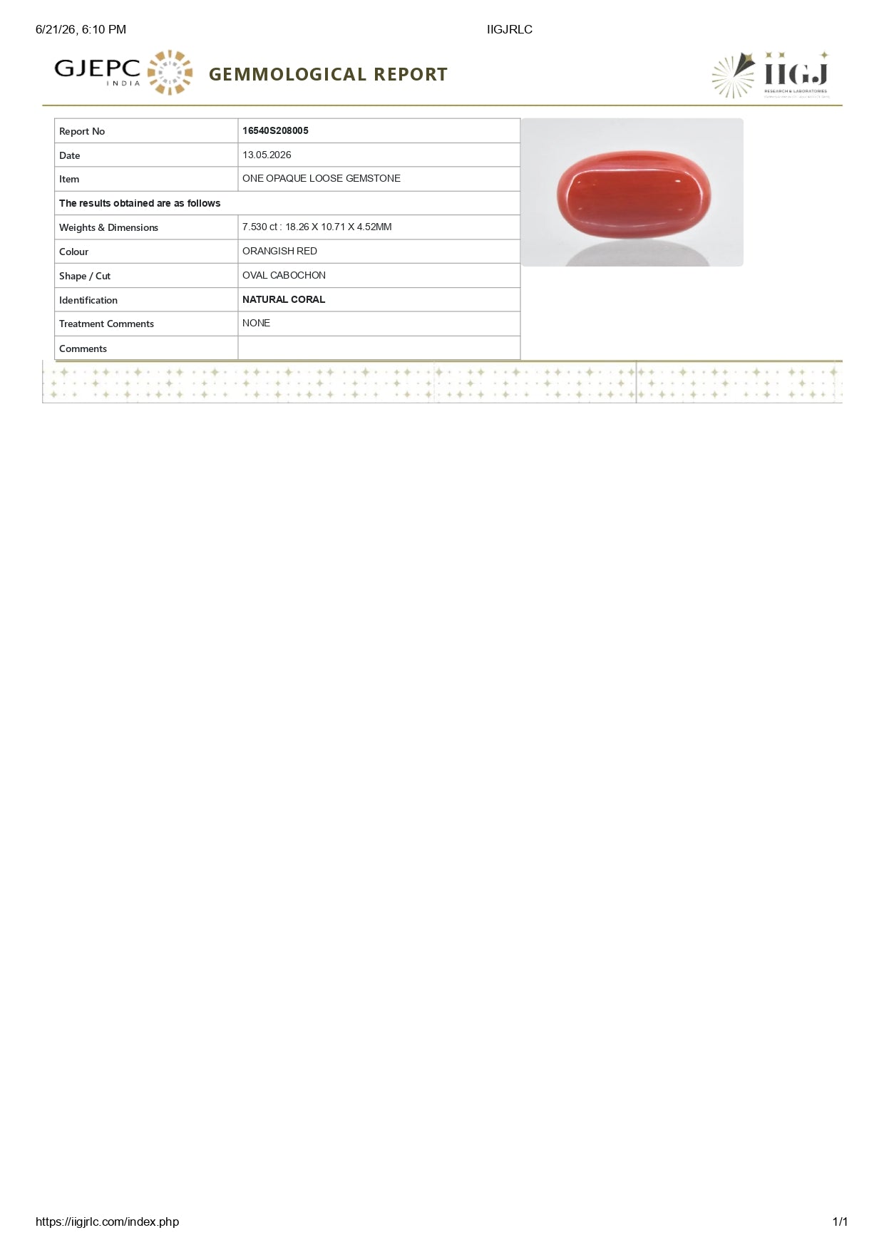 Natural Italian Red Coral (Moonga) 7.53 Carats