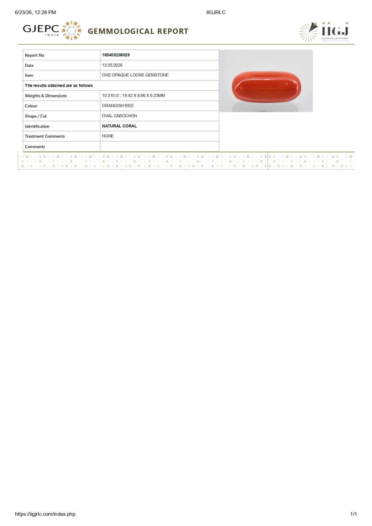 Natural Italian Red Coral (Moonga) 10.51 Carats