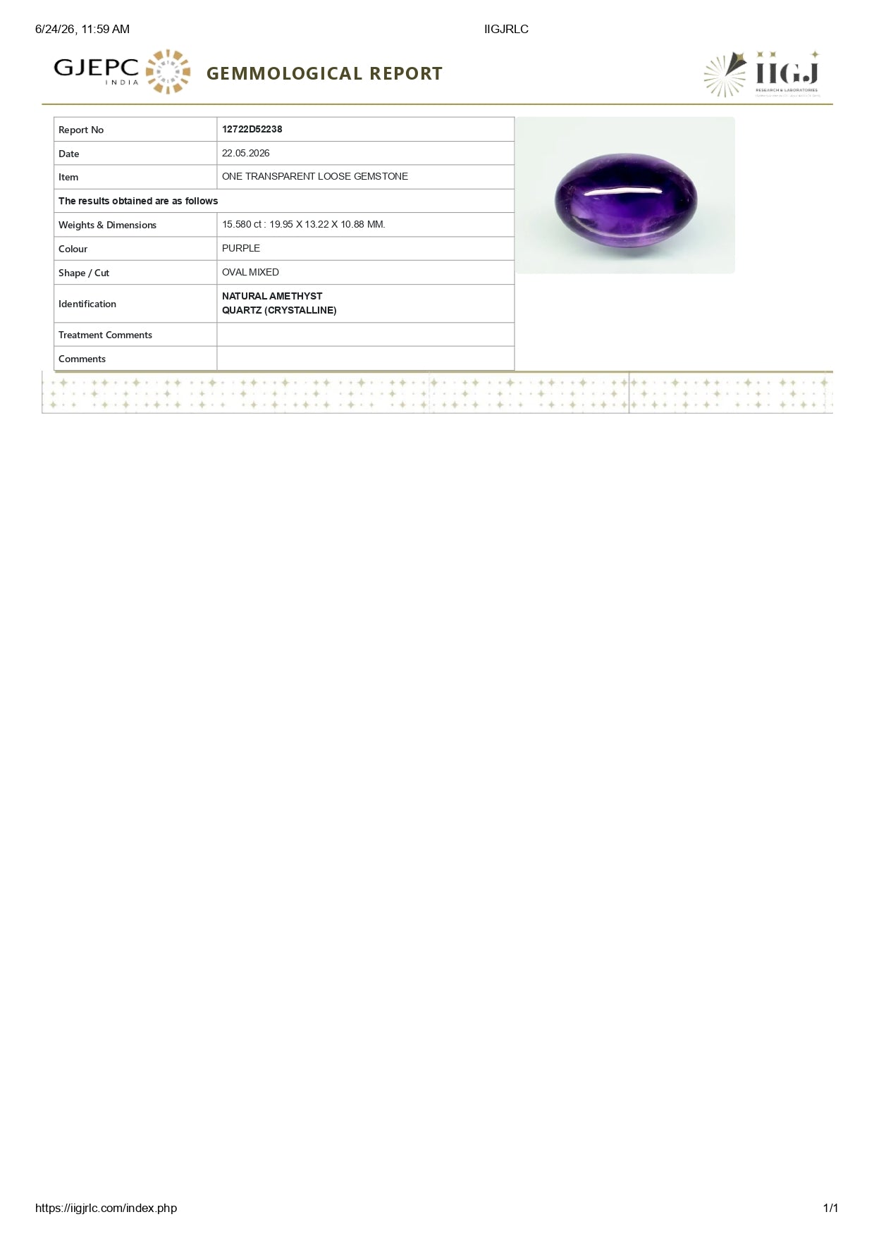 NATURAL AMETHYST 15.58  CARATS