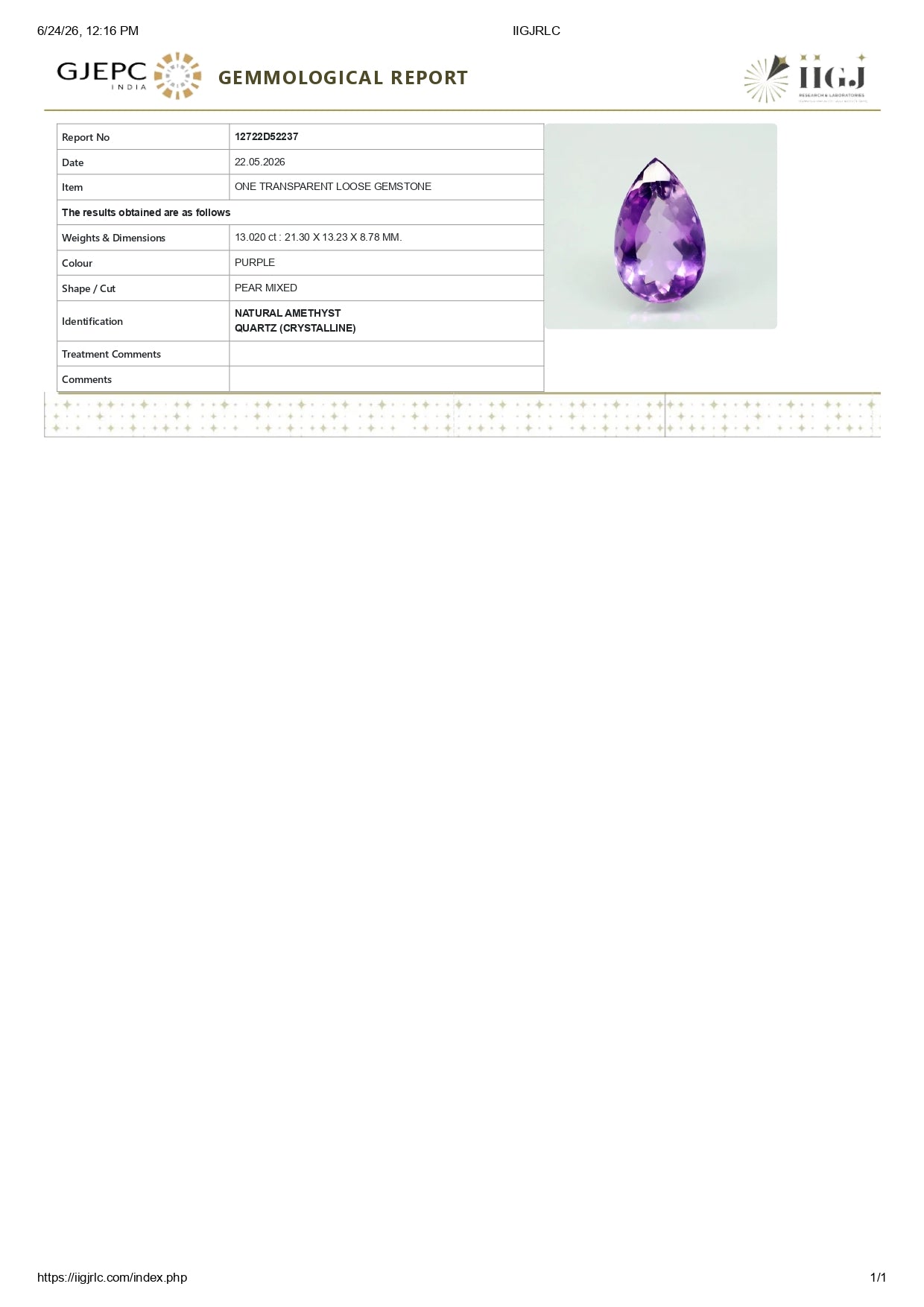 NATURAL AMETHYST 13.02 CARATS