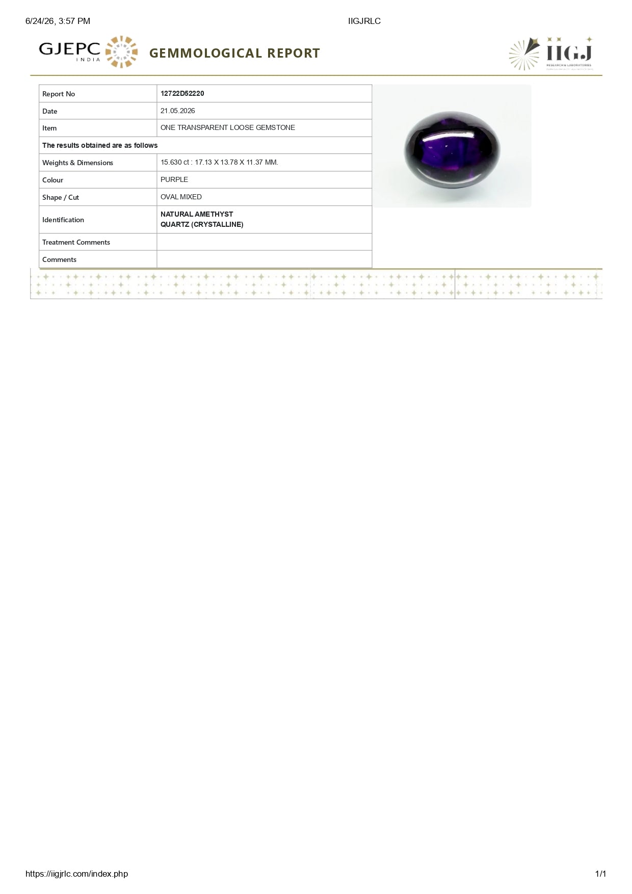 NATURAL AMETHYST 15.63 CARATS