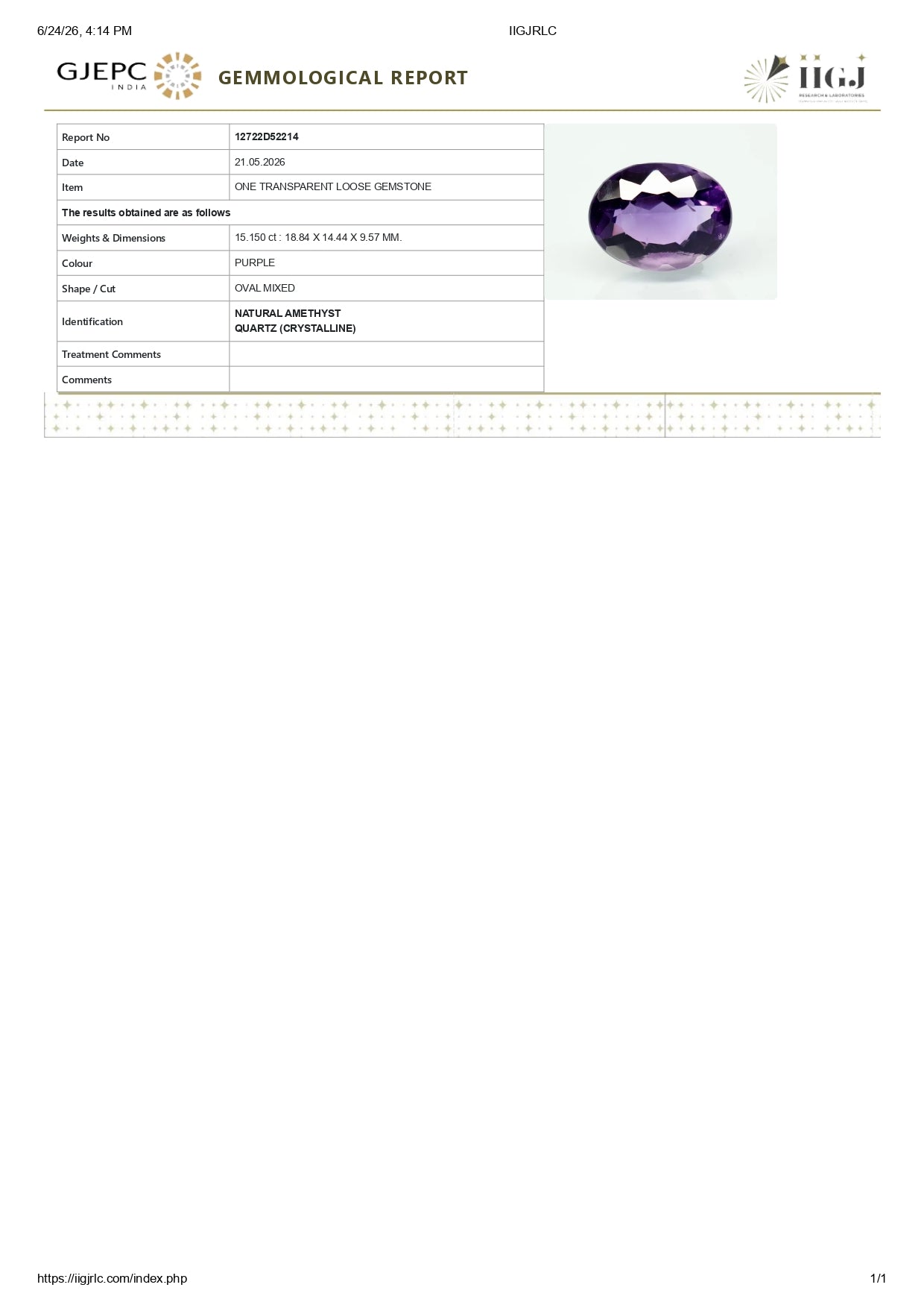 NATURAL AMETHYST 15.15 CARATS