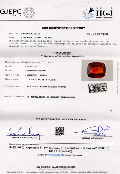 Natural Hessonite (Gomed) 9.25  Carats