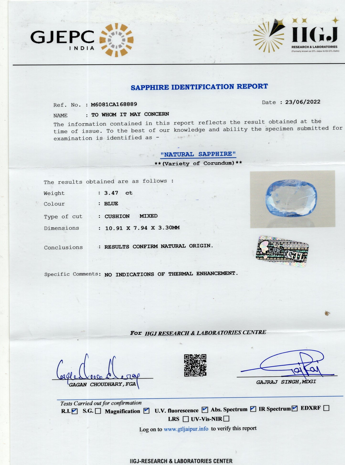 Natural Blue Sapphire (Neelam) 3.47 Carats