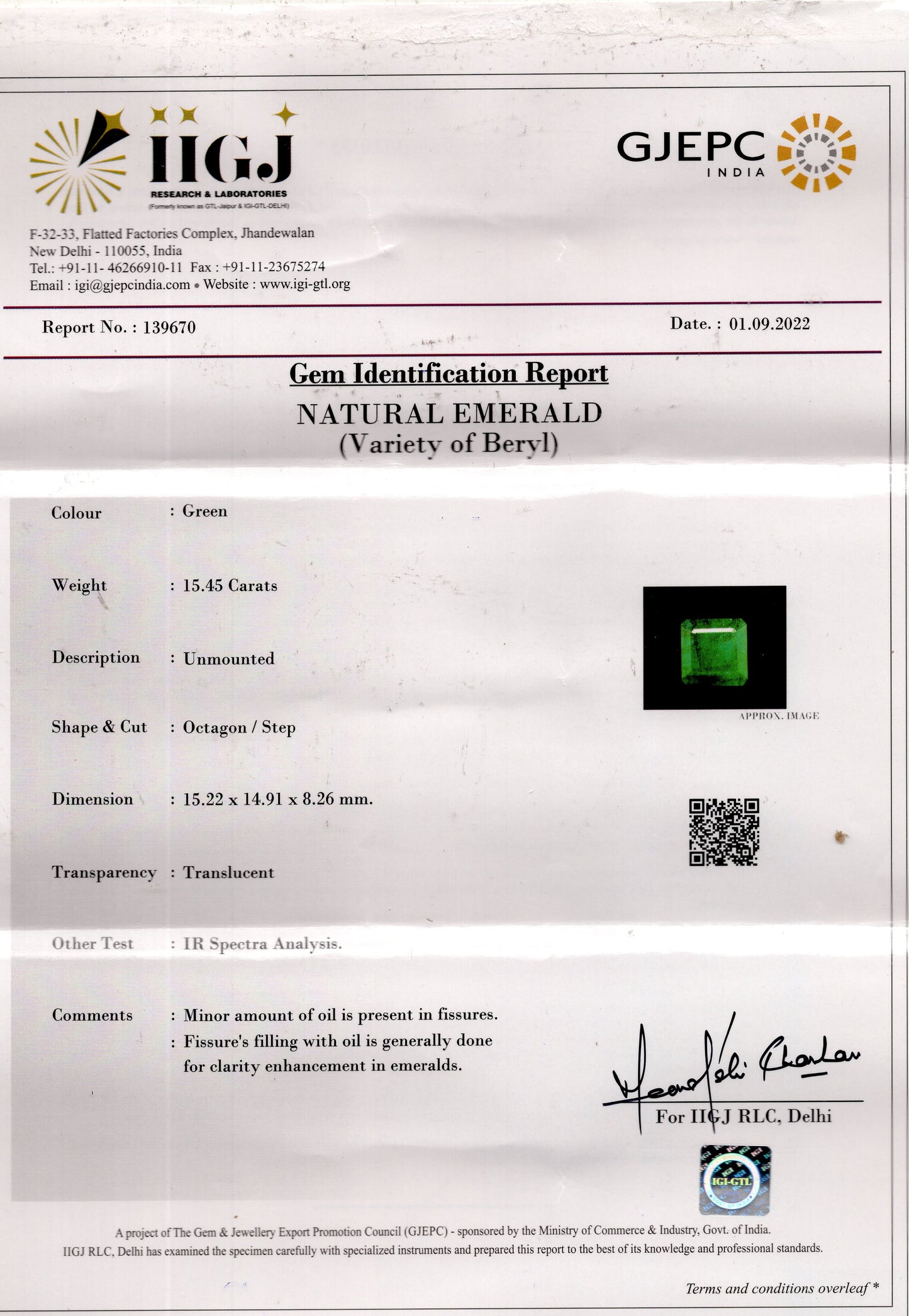 Minor Oil Natural Zambian Emerald (Panna) 15.45 Carats