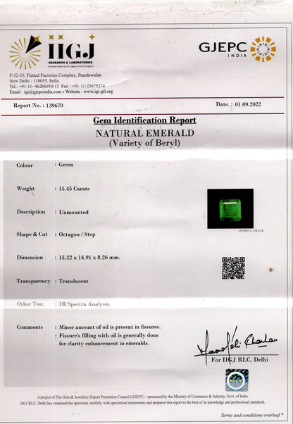 Minor Oil Natural Zambian Emerald (Panna) 15.45 Carats