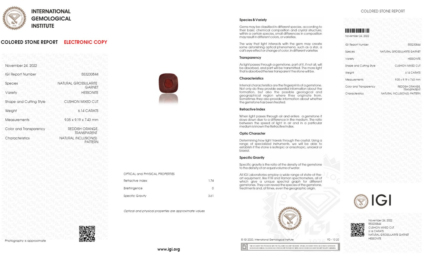 NATURAL HESSONITE (GOMED) 6.14  CARATS