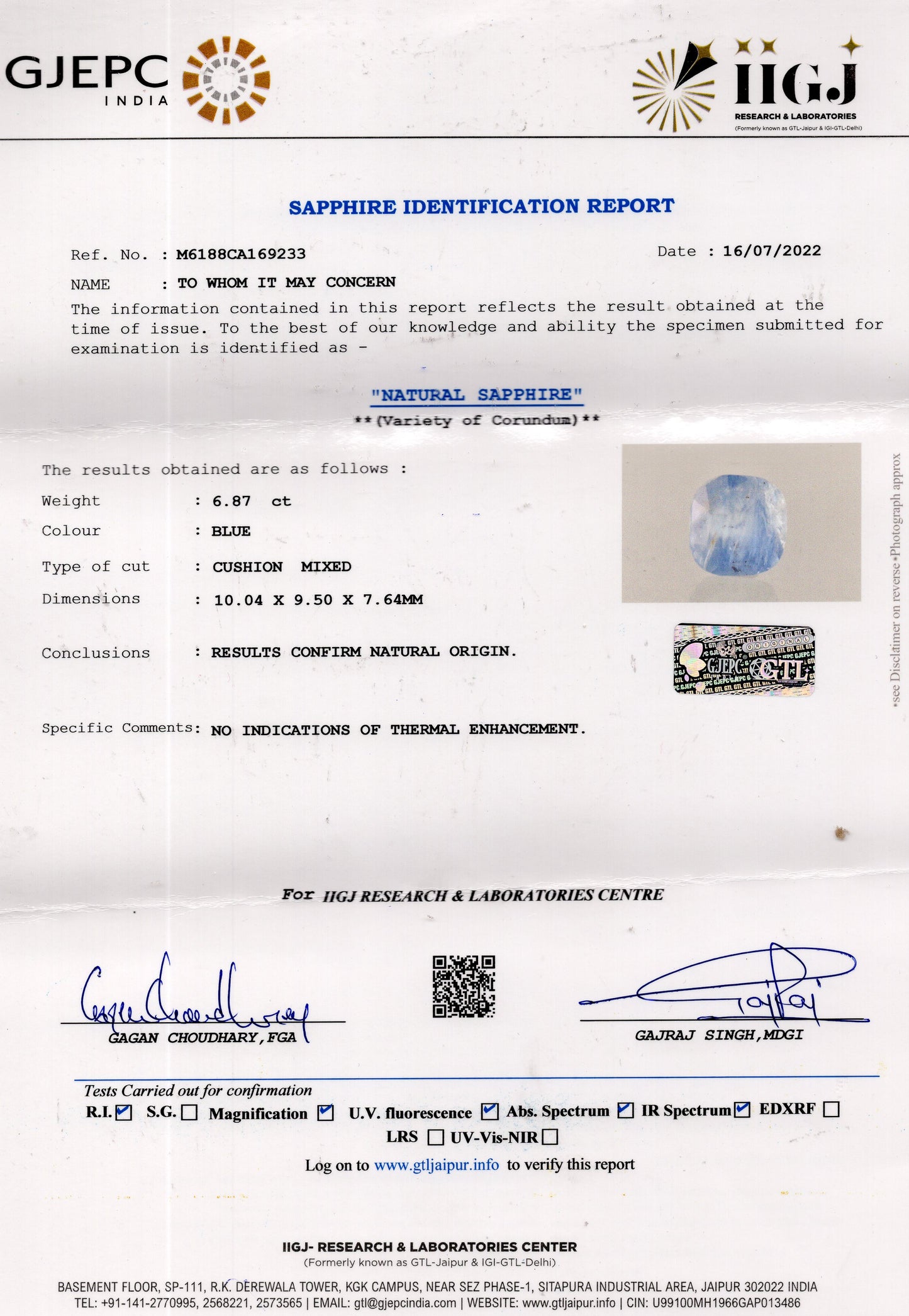 Natural Blue Sapphire (Neelam) 6.87 Carats