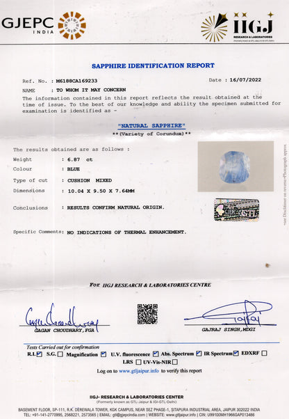 Natural Blue Sapphire (Neelam) 6.87 Carats