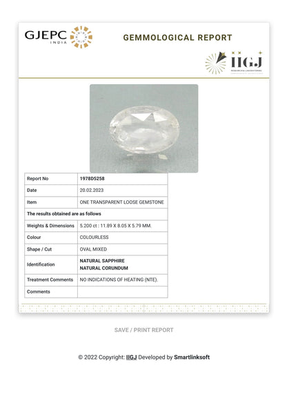NATURAL WHITE SAPPHIRE 5.20  CARATS