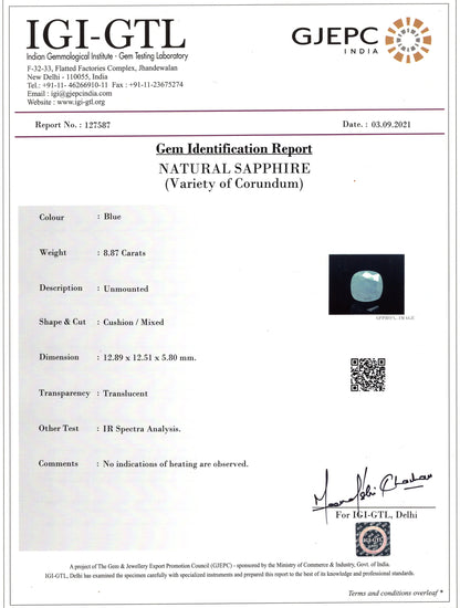 Natural Blue Sapphire (Neelam) 8.87 Carats