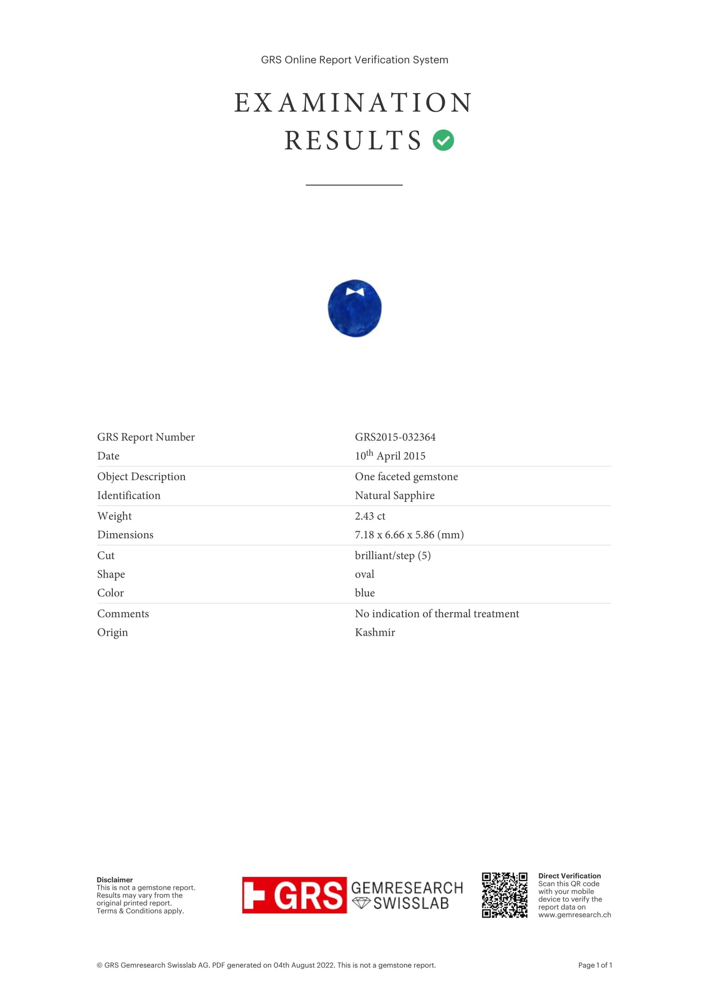 Kashmir Blue Sapphire (Neelam) 2.43 Carats
