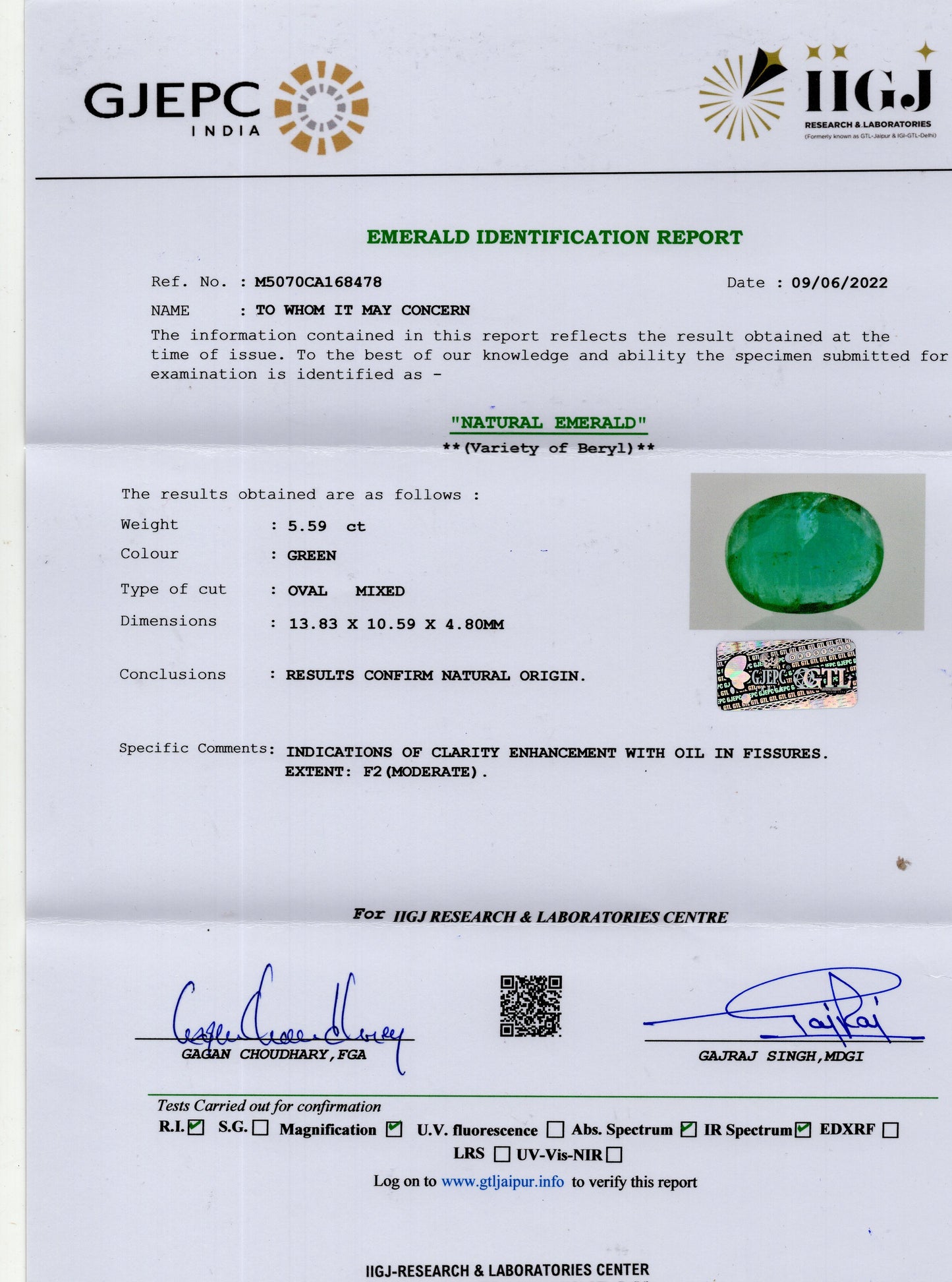 Natural Zambian Emerald (Panna) 5.59 Carats